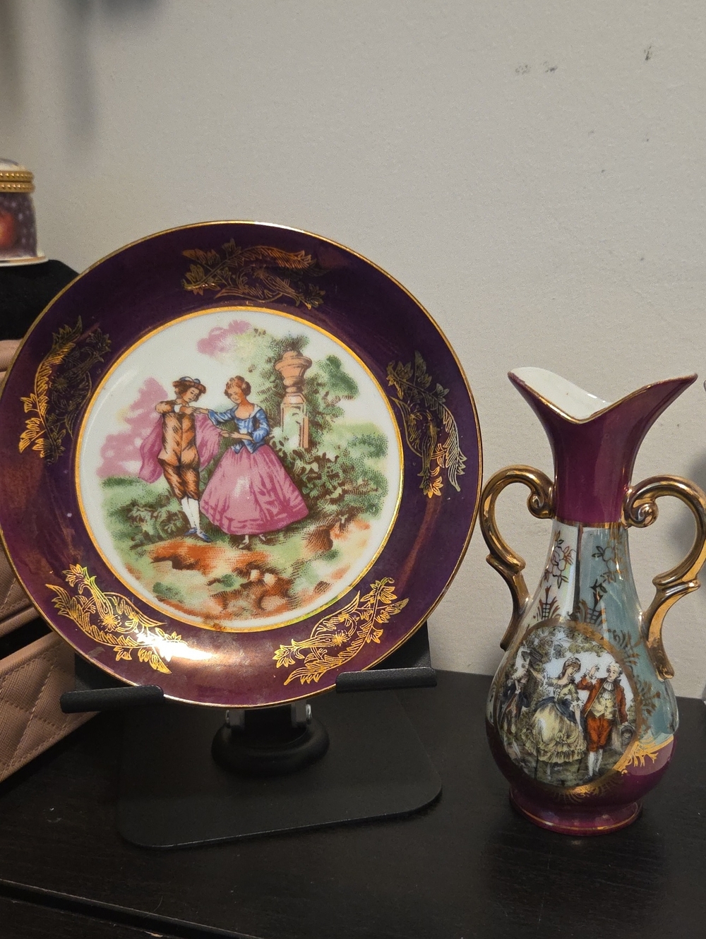 Purple Gold-Accented Courting Couple Plate And Vase - Signed JAPAN